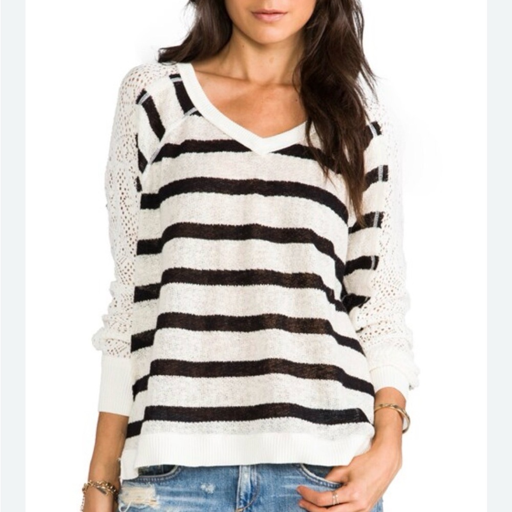 Free People Striped V-Neck Sweater in Cream and Black